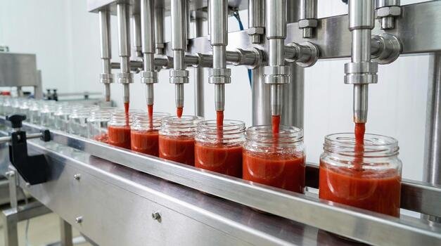Línea industrial de llenado de salsa en planta de alimentos